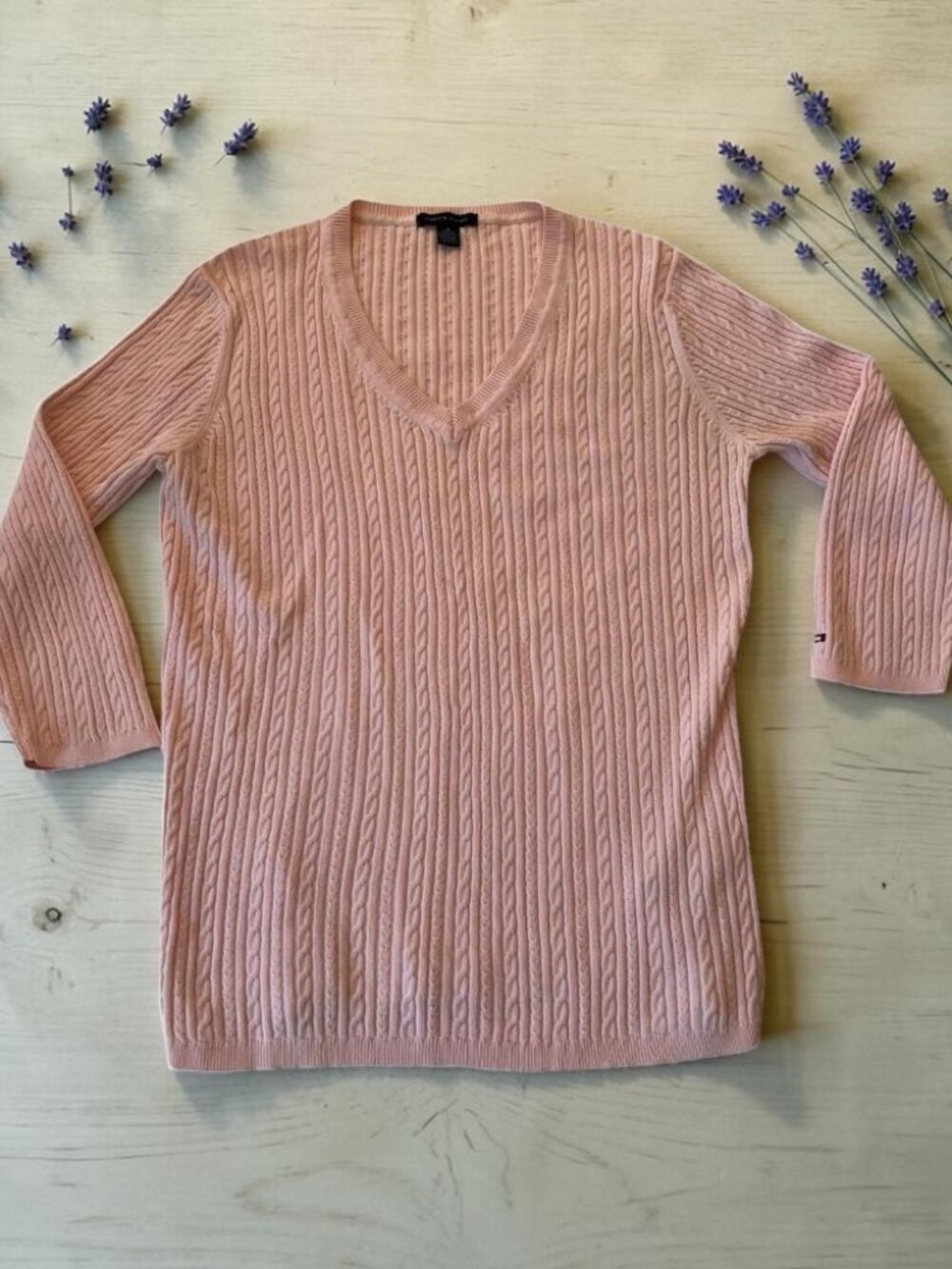 Tommy Hilfiger Juniors Sweater Medium 3/4 Sleeve Cable Knit Pink